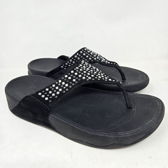 FITFLOP Womens Novy Studded Sandal Size 8 Thong Slide Shoe Black Suede Platform - Picture 1 of 10